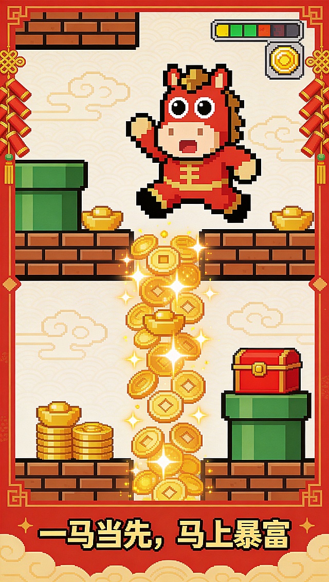 复古的超级马里奥游戏风格、8 位像素艺术、经典的街机关卡场景、马年主题、一只可爱的胖乎乎的像素马（红色和金色的配色，圆圆的大眼睛）作为游戏角色，马儿处于跳跃和惊讶的姿势（这是马里奥的经典跳跃姿态），屏幕中间有一大堆夸张的闪闪发光的金币、金锭和红色宝箱，阻挡了前进的道路，复古的游戏关卡背景有砖块平台、绿色管道和中国风格的云纹图案，红色的节日边框带有金色的鞭炮，鲜艳的红色和金色主色调，高对比度的像素纹理，黑色像素轮廓，简洁的复古游戏用户界面（右上角显示金币得分数字），充满活力和吉祥的节日氛围，没有多余的细节。底部写着“一马当先，马上暴富”