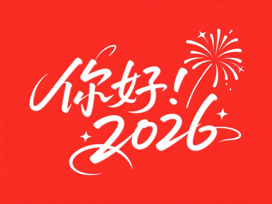 文字“你好 2026”，文字旁点缀简笔画烟花和星星。高级感，红底白字预览效果