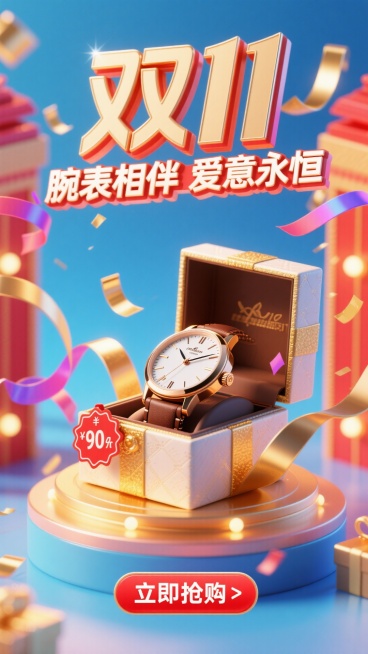 充满活力的双11销售海报构图。一枚优雅的手表放在打开的奢华礼盒中，周围是漂浮的彩带和金色丝带。电商风格，明亮欢快的灯光。“双11”Logo巨大且具有庆典感，位于顶部。主标题“腕表相伴 爱意永恒”采用粗预览效果