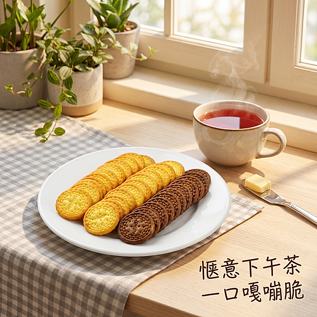 [主图 6] 霞美日式小圆饼下午茶搭配场景。
[氛围风格] 治愈下午茶场景，凸显休闲享受感。
[画质] 商业摄影质感、光线柔和通透、产品清晰真实、画面干净高级。
[元素] 白色陶瓷餐盘摆放日式小圆饼，旁边搭配一杯冒着热气的红茶，一块黄油，放在格子餐布上，背景是浅色木质窗台，窗边有少量绿植点缀。饼干保持原图外观，颜色纹理准确。饼干主体突出，占比约60%。
[光影] 上午自然侧逆光，透过窗户洒进来，光线温暖通透，营造慵懒氛围。
[配色] 暖调自然，格子浅灰+木色+绿色，柔和温馨，饼干金黄突出。
[视角构图] 45度俯视斜拍，层次清晰。
[文字版式] 右下角文字 "惬意下午茶 一口嘎嘣脆" 深棕色手写风格字体，不遮挡主体。
[比例分辨率] 1:1 比例，2k 分辨率，文字清晰可辨，超高清。
[负向提示词] 变形，水印，文字错乱，产品图模糊，背景杂乱，遮挡主体饼干