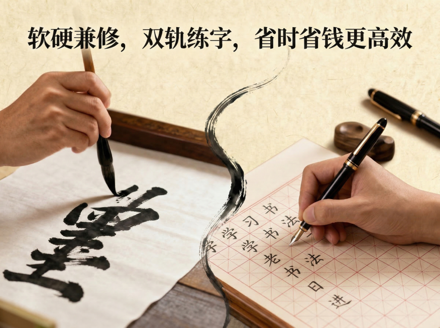 横版4:3比例，将文案改为“软硬兼修，双轨练字，省时省钱更高效”，保留钢笔硬笔田字格、毛笔书写的元素，保持国风典雅的整体风格预览效果