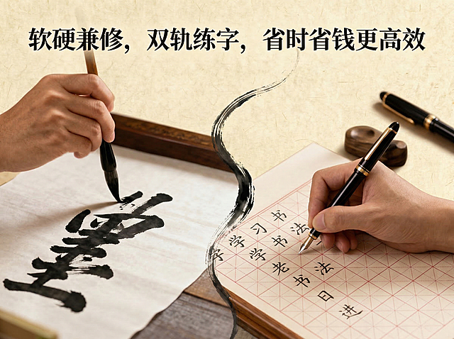横版4:3比例，将文案改为“软硬兼修，双轨练字，省时省钱更高效”，保留钢笔硬笔田字格、毛笔书写的元素，保持国风典雅的整体风格