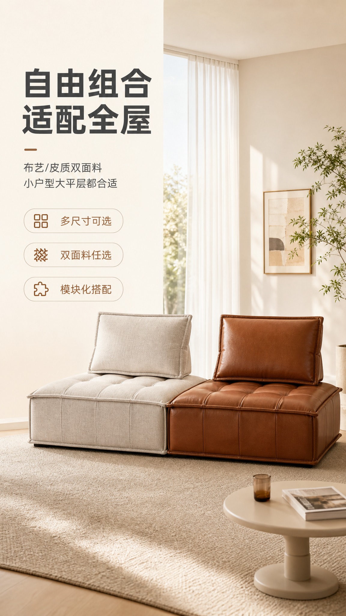 [商品] 使用【图1】模块化组合沙发，左侧米白色布艺款、右侧焦… - 图片创意预览