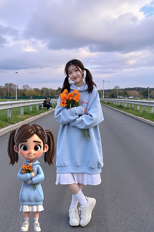 甜美卡通风格，拟人化角色与真人互动