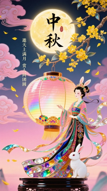 主体内容：绘有精美花纹的大型中秋灯笼，灯笼旁有手持飘带、身着传统服饰的仙女，还有一只白兔；场景设定：背景是粉色带有云纹的天空，上方有圆月，旁边有开着黄色花朵的桂树枝；色彩色调：整体为粉色系，灯笼以粉色预览效果