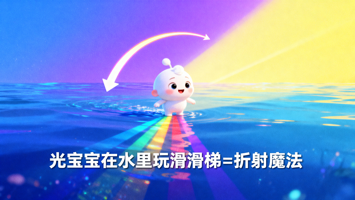 中班幼儿科学微课PPT内页，第8页彩虹原理解释，卡通梦幻风格，皮克斯风格，明亮色彩，主色调蓝紫黄渐变，幼儿视角。白色光宝宝分解成水中七色光，带光线弯曲箭头，文字"光宝宝在水里玩滑滑梯=折射魔法"，横版预览效果