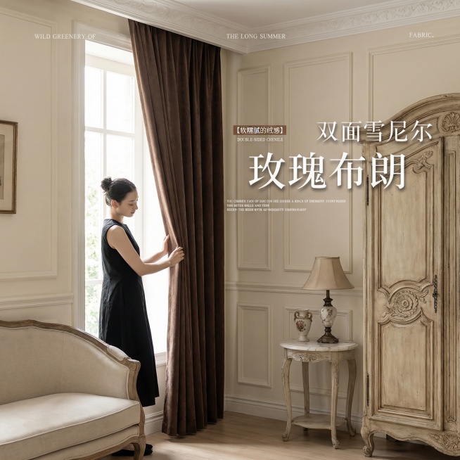 不改变窗帘的面料材质，切换不同的家装场景（最好是轻法式，欧式，复古风），改变角度，保留文字，一次生成4张；预览效果