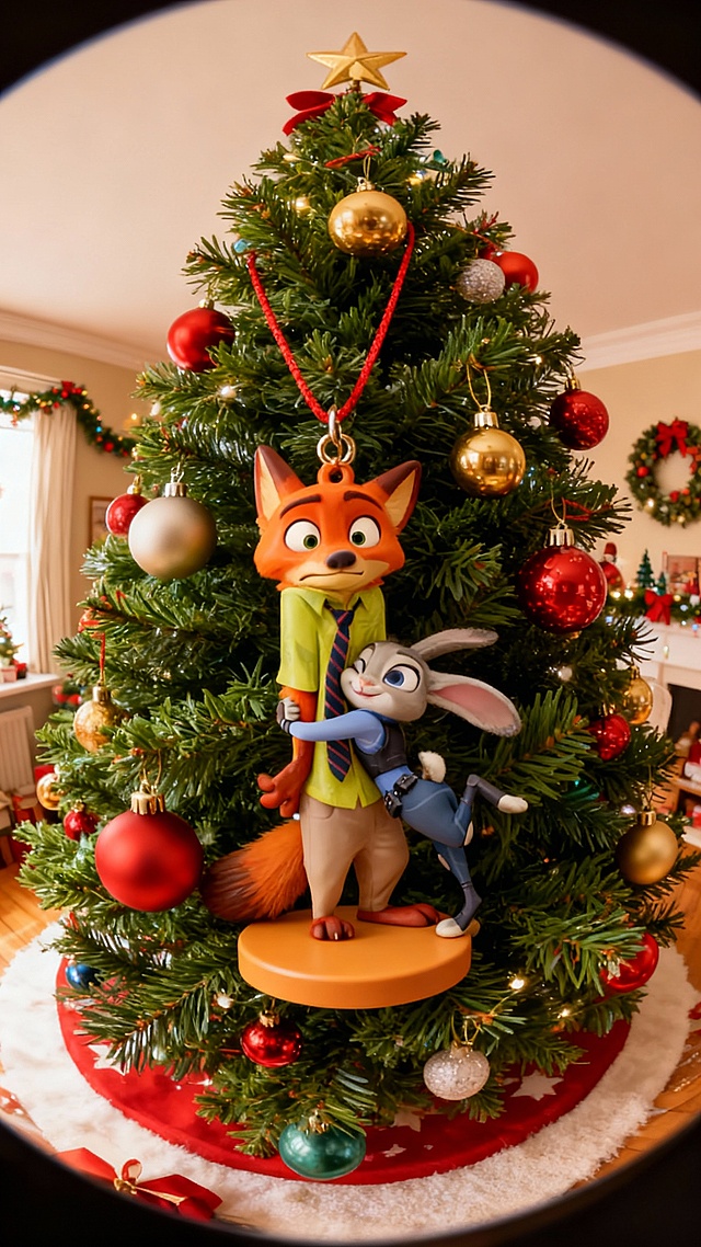 把人物做成一个手办挂件，并挂在圣诞树上，可以加上底座。用鱼眼镜头捕捉圣诞树的全貌。背景是有圣诞装饰的房间内景。