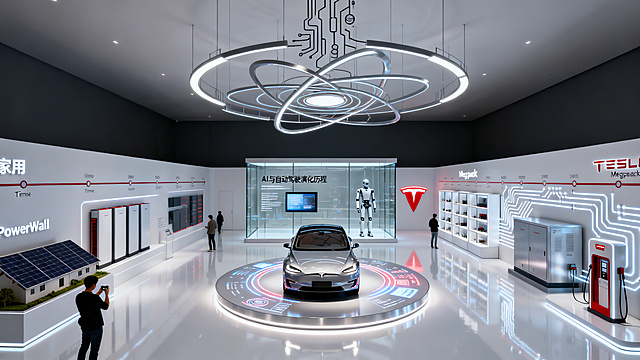 Tesla博物馆主题室内快闪店，整体极简未来感，主色调为纯白与金属银，点缀特斯拉红。中央区域有一辆被重点照明的特斯拉电动车，放置在略微抬高的圆形平台上，周围环绕动态光环和信息投影。空间四周以时间轴形式展示特斯拉生态：一侧是家用Powerwall电池墙和屋顶太阳能模型，另一侧是Megapack与超级充电桩模块，用立体展柜和发光线条串联，形似能源流动的电路板。展厅深处设置玻璃展馆，里面站立着特斯拉Optimus人形机器人，如同冷静的科技雕塑，配有透明屏幕展示AI与自动驾驶演化历程。顶部吊挂抽象电路和磁场轨迹造型的灯具，地面是高反射白色环氧材质，营造出实验室般的干净科技感。空间内仅有少量参观者安静游览拍照，整体是艺术馆与科技实验室结合的氛围，灯光柔和且富有戏剧性，超高清渲染