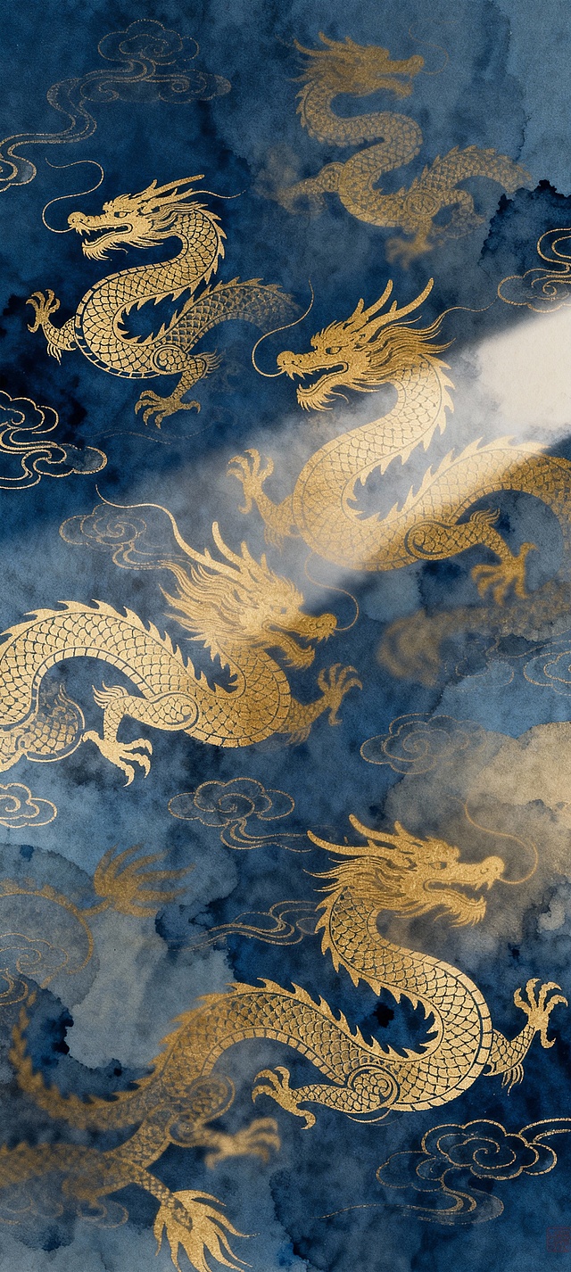 鎏金龙纹跃于深蓝水墨云海，工笔细绘，古典奢华交织梦幻朦胧，尽显中式华韵。