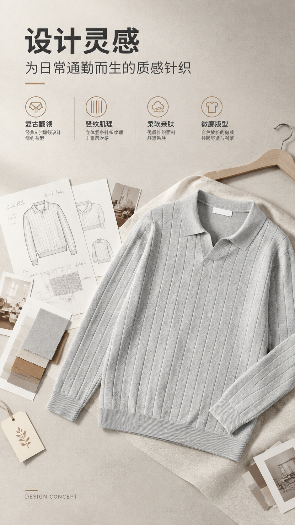 [商品] 使用【图1】浅灰色竖纹针织Polo衫；商品处理：保留… - 图片创意预览