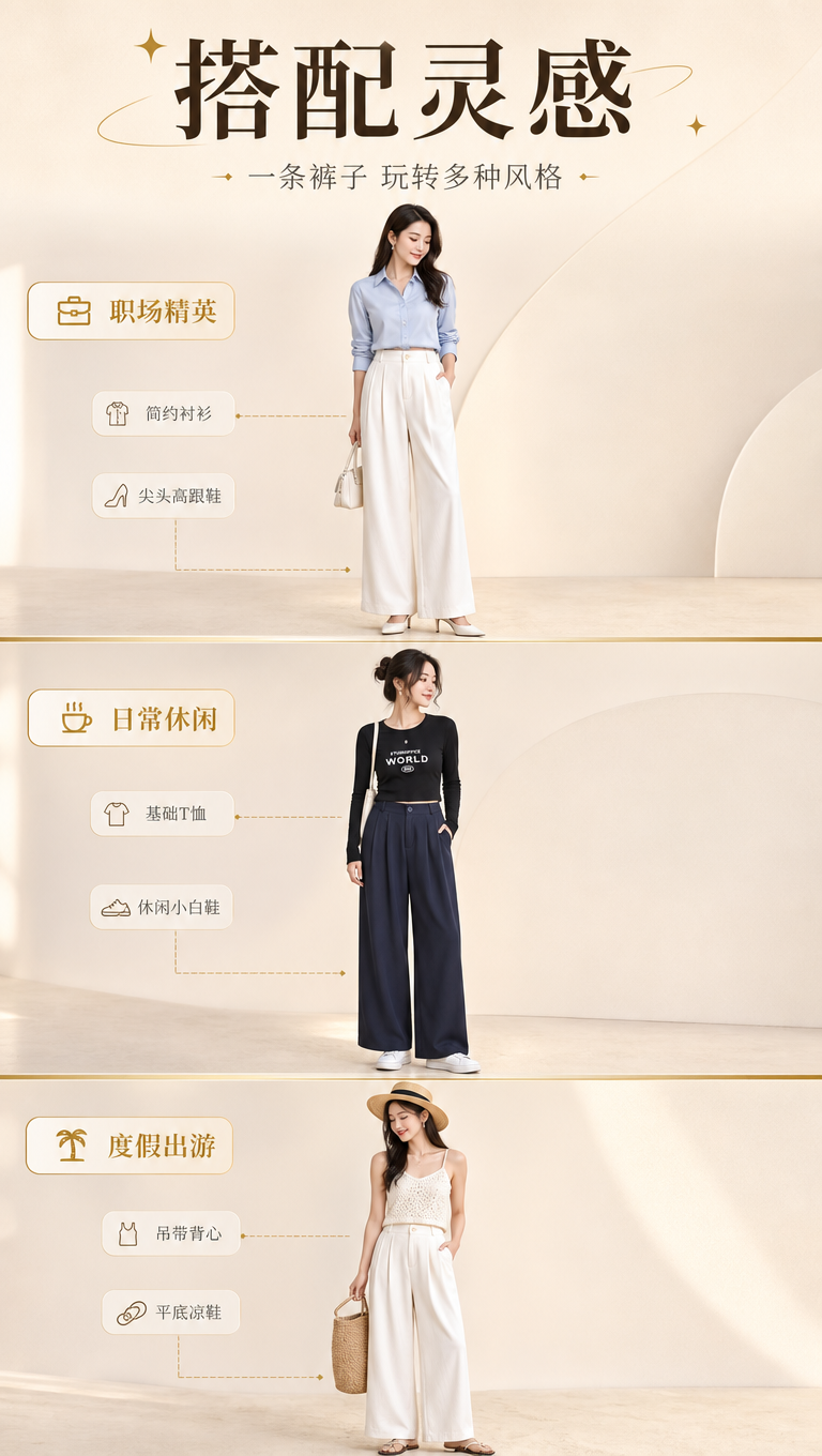 [商品] 使用【图1】米白色 + 【图2】藏青色高腰直筒阔腿裤… - 图片创意预览