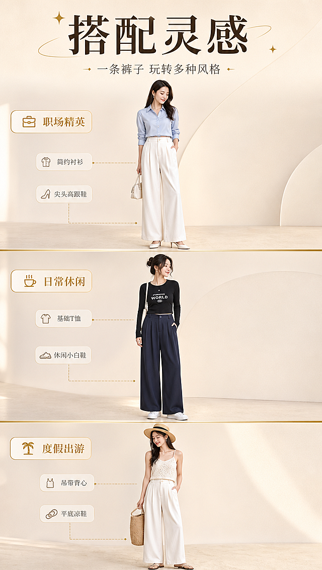 [商品] 使用【图1】米白色 + 【图2】藏青色高腰直筒阔腿裤，分别搭配不同上衣；商品处理：保留高腰直筒阔腿版型、腰头纽扣、插袋、打褶结构；自然去皱，增强垂坠感和面料质感，不改变版型和颜色。
[画面] 目标：搭配灵感页，展示3套不同风格穿搭；构图：竖排3层穿搭组合，每层一位全身模特，分别为职场风、休闲风、度假风；每层左侧小标签标注风格名称；主体占画面75%；前景浅米色地面，中景3组模特穿搭纵向排列，后景浅米色渐变+金色水平分隔线；阅读动线从上到下。
[视觉] 套系策略：风格=高级轻熟通勤商业摄影；标题字=现代衬线粗体（优雅精致）；正文字=简洁无衬线体；主色=浅米色（奶油米）；背景延展=基于浅米色做深浅渐变、同色系层次和细腻哑光纸张质感；强调色=香槟金色，仅用于小面积图标、引线、装饰线条和标签底纹；标题色=深炭棕色；正文色=中暖灰；组件=圆角浅金信息卡、细金线引线、米色几何色块；光影=左前侧柔和暖光，人物边缘带金色轮廓光。
[文字] 顶部主标题「搭配灵感」，副标题「一条裤子 玩转多种风格」；3层穿搭分别标注：职场精英 / 日常休闲 / 度假出游；每层配1-2件搭配单品名称；所有文字横排，标签不遮挡裤型。
[规格] 图片比例9:16竖版，4K分辨率，淘宝/天猫详情页风格；避免变形、错字、文字过小、冷蓝背景、裤子颜色改变、版型失真、极限词。
