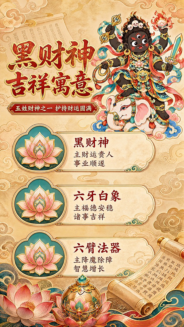 [商品] 使用【图1】Q版黑财神骑白象国潮装饰画；保留完整造型与颜色；商品处理：主体缩小置于画面右上，作为视觉锚点，不改变形象。
[画面] 页面目标：文化寓意解读，传递吉祥内涵；构图：左文右图，右侧上方为黑财神主体小图，左侧及下方为三大寓意板块，用莲花形图标+文字的形式呈现；背景为祥云与佛经卷轴元素，营造传统文化氛围；前景点缀莲花与摩尼宝珠，中景文字板块，远景淡云纹。
[视觉] 套系策略：风格=国潮新中式商业插画海报风；标题字=国潮书法粗体带描金；正文字=圆润宋体；主色=朱砂红+鎏金+石青；背景延展=基于米黄宣纸色做深浅云纹底纹和做旧纸张质感；强调色=松石绿，仅用于小面积图标、引线和装饰元素；标题色=朱砂红；正文色=深赭石色；组件=云纹边框、莲花形信息卡、如意纹分隔线；光影=柔和暖光，整体古朴雅致。
[文字] 顶部主标题「黑财神 吉祥寓意」，副标题「五姓财神之一 护持财运圆满」；下方三个板块：「黑财神」主财运贵人、事业顺遂；「六牙白象」主福德安稳、诸事吉祥；「六臂法器」主降魔除障、智慧增长；每个板块配莲花图标与2行说明文字；所有文字横排，字号保证手机端清晰可读。
[规格] 图片比例9:16竖版，4K分辨率，负向提示：避免文字过小、排版杂乱、颜色灰暗、现代元素、宗教过度严肃化表达。