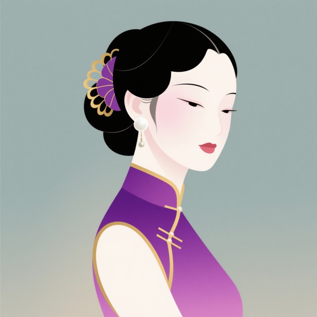 一位女士半身像，复古旗袍盘发，金色和紫色的头饰别在盘发一侧，佩戴大珍珠耳环，上海复古风的脸庞，身着金紫配色旗袍，极简插画风格，线条简洁流畅，色彩明快，背景为纯色预览效果