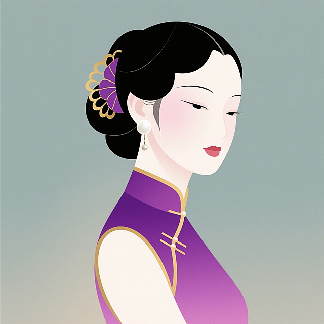 扁平风插画，融合中式旗袍与国潮元素，水墨色调点缀，展现优雅复古的东方美学。