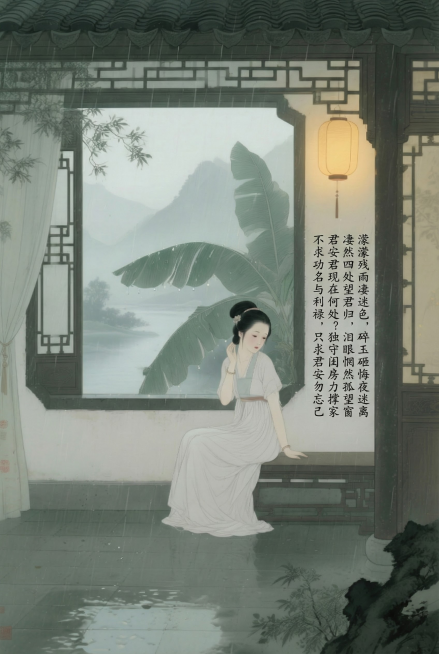 濛濛残雨凄迷色
碎玉砸悔夜迷离
凄然四处望君归
泪眼惘然孤望窗
君安君现在何处？
独守闺房力撑家
不求功名与利禄
只求君安勿忘己预览效果