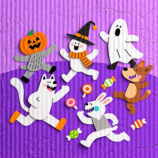 卡通风格，超级欢乐的万圣节气氛，一群拟人化的动物在玩的组合，紫色背景