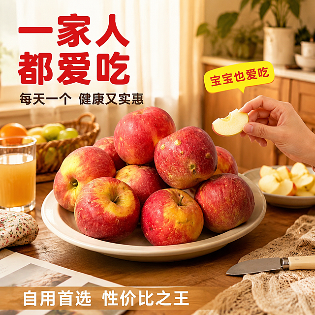 [主图-7] 冰雹苹果家庭食用场景图。[氛围风格] 拼多多风格 温馨生活感 家庭刚需 真实接地气 商业摄影。[画质] 商业摄影质感 自然光效 生活气息浓 产品真实。[元素] 画面展示家庭餐桌场景 木质餐桌上放着一大盘洗干净的带雹斑红苹果 旁边有果盘 水果刀 切好的苹果块 一杯鲜榨苹果汁 背景是温馨的厨房或餐厅环境 有窗帘与暖光。一位家庭成员的手（只露手部）正拿起一块苹果准备吃。苹果雹斑特征明显 色泽自然。保持苹果外观与输入产品图一致 精细化处理 融入场景自然。商品主体占比约55%。画面禁止出现多余的手 畸形手。[光影] 窗边自然光+室内暖光 整体温馨明亮 苹果表面有柔和反光 餐桌有自然阴影 暖色调。[配色] 主色苹果红与木色 辅色米白与暖黄 文字用深棕与红色。[视角构图] 45度俯视餐桌 果盘为视觉中心 周围餐具与果汁形成丰富生活场景 景深中等。[文字版式] 左上负空间主标题 一家人都爱吃 红色粗体大号。下方辅助文案 每天一个 健康又实惠 深棕色中号。右侧小标签 宝宝也爱吃 黄底红字。底部半透明木色条 自用首选 性价比之王 白字。[输出要求] 1:1比例 文字清晰锐利 超高清商业摄影质感。[负向提示词] 变形 文字错乱 模糊 水印 平台Logo 手部畸形 完美苹果。