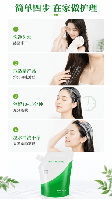 [第5屏] 使用步骤演示屏，展示潮释蛋白护理正确使用方法。本屏使用【图1】作为产品主体。
[氛围/风格] 清晰步骤教程风，干净简约，信息直观。
[元素布局] 画面从上到下分为四步，每步占比均等：第一步预览效果