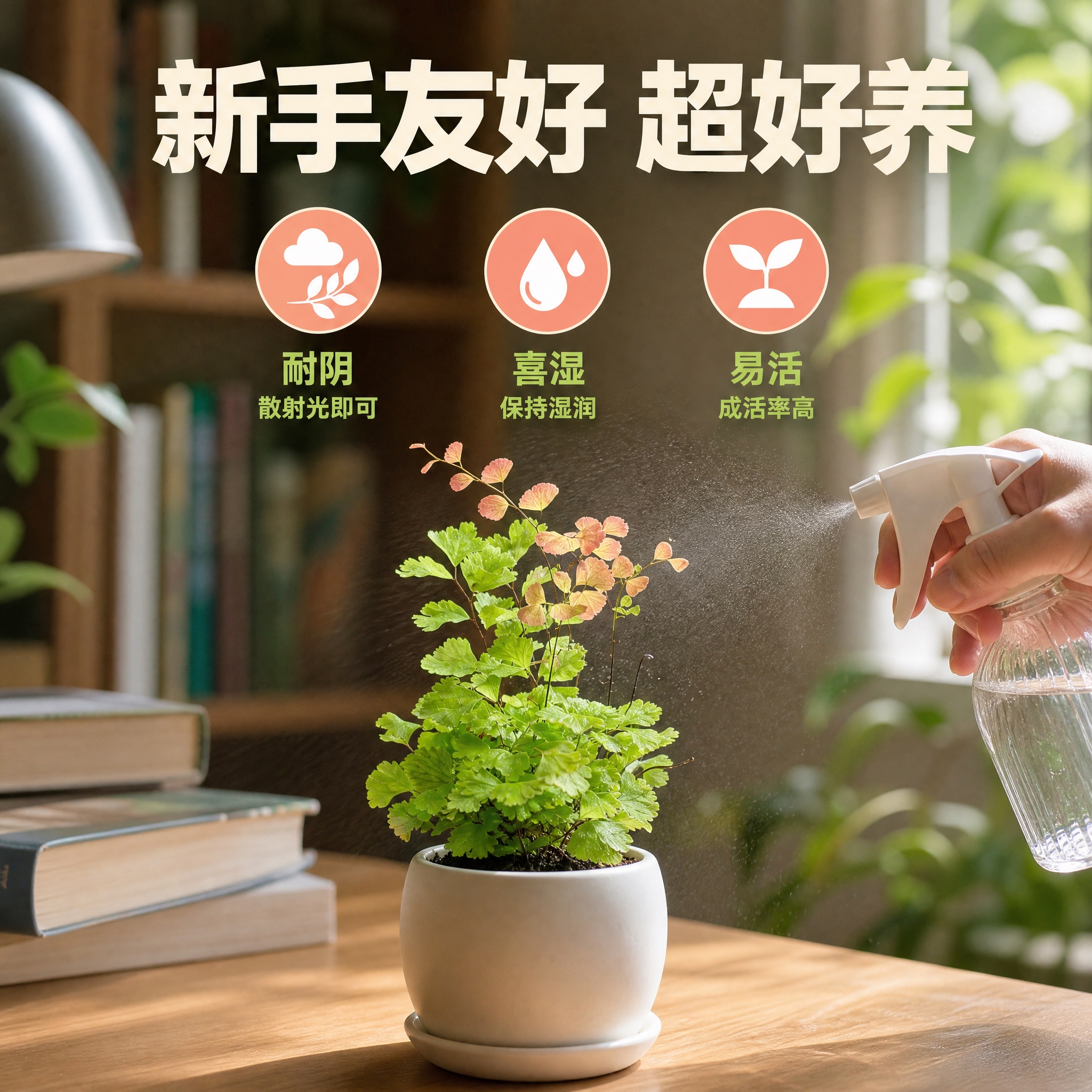 [主图-5] 养护简单卖点图，展示柔情铁线蕨易养护、耐阴湿的特… - 图片创意预览