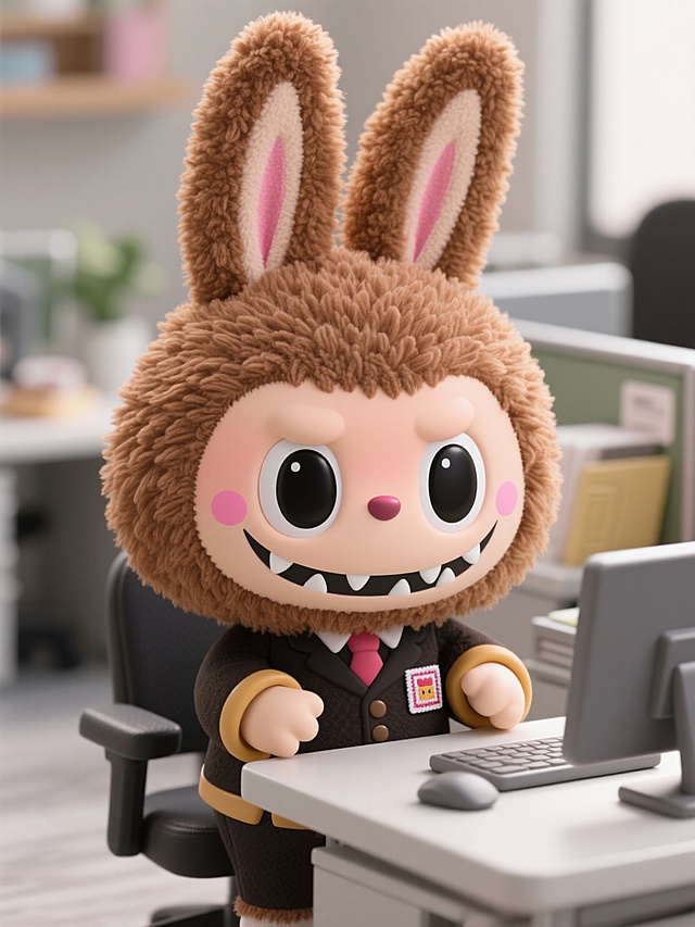 3D卡通风格，拟人化毛茸茸兔子办公，可爱表情，生动有趣。
