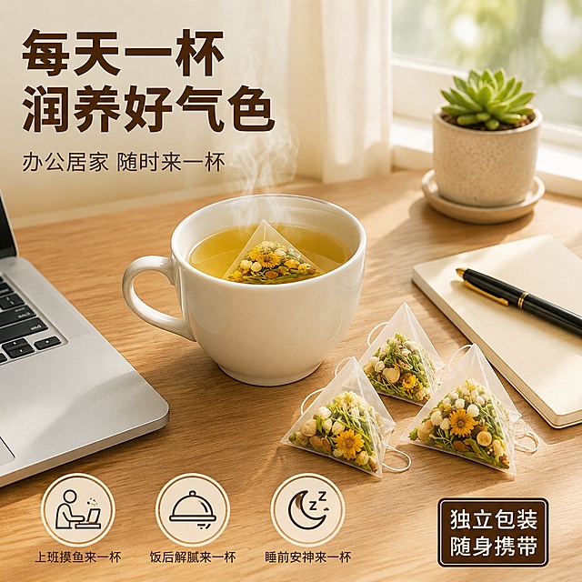 [主图-6] 办公居家场景图，桌面摆放茶杯与茶包，突出日常饮用场景。
[氛围风格] 温馨日常办公风，自然舒适，生活方式感强。
[画质] 商业生活摄影质感、光线柔和自然、画面干净高级。
[元素] 画面中心是一张木质办公桌，桌上放一只白色陶瓷杯，杯中泡有金黄茶汤与三角茶包，杯口飘着热气；杯子右侧摆放三个独立三角茶包，茶包内可见五种原料；左侧露出一台银色笔记本电脑的一角；右侧有一本米色笔记本和一支黑色钢笔；远处窗边有一小盆多肉植物；背景是明亮的窗户与白色窗帘，自然光洒入。**保持茶杯、茶汤、三角茶包外观与输入产品图一致，自然融入办公场景**。商品主体占比约55%。
[光影] 自然窗边柔光，从右侧窗户照入，光线柔和明亮，阴影自然，整体清新舒适。
[配色] 主色浅木棕+米白；辅色茶汤金、菊花黄；强调色深棕文字。
[视角构图] 略微俯视的桌面视角，杯子与茶包为视觉中心，周围办公物品丰富场景，景深中等。
[文字版式] 画面左上区域左对齐文案，第一行超大字“每天一杯”深棕色粗黑体；第二行超大字“润养好气色”深棕色粗黑体；第三行中字“办公居家 随时来一杯”浅棕色细黑体；画面底部三个圆形图标横向排列，分别配文“上班摸鱼来一杯”“饭后解腻来一杯”“睡前安神来一杯”，深棕色细黑体；右下角深棕色圆角矩形白字“独立包装 随身携带”。
[输出要求] 1:1比例，文字清晰锐利，超高清商业生活摄影质感。
[负向提示词] 变形，文字错乱，产品图模糊，背景杂乱，水印，电商平台Logo，人物面部。
