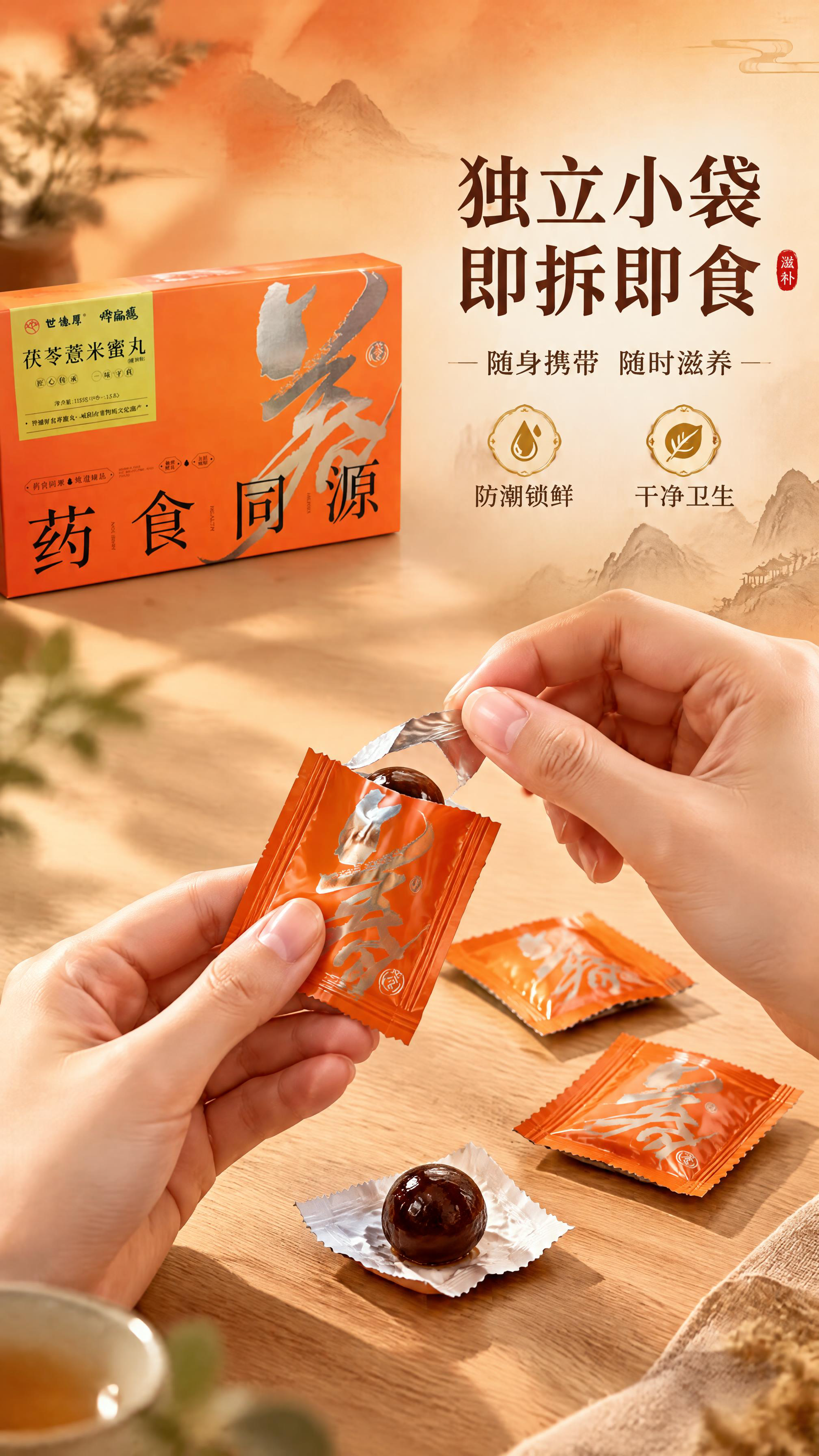 [商品] 使用【图1】茯苓薏米蜜丸礼盒，礼盒位于画面左上角辅助… - 图片创意预览