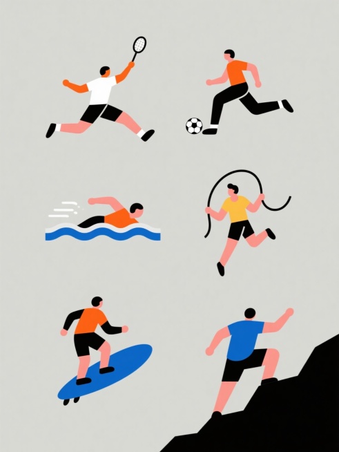 一套6张系列素材集合，每张均为简约现代风格的单一运动元素图案，纯色背景，无文字、无logo、无水印。风格保持一致：扁平化设计，清晰利落的黑色描边线条勾勒轮廓，内部填充均匀的色块，色彩明快（如白色、橙色、蓝色等），人物姿态动感十足，肢体舒展自然，细节简化但特征明确。第一张：人物在打羽毛球，跃起挥拍动作；第二张：人物在踢足球，腿部发力踢球姿态；第三张：人物在游泳，呈自由泳或蛙泳划水姿势；第四张：人……预览效果