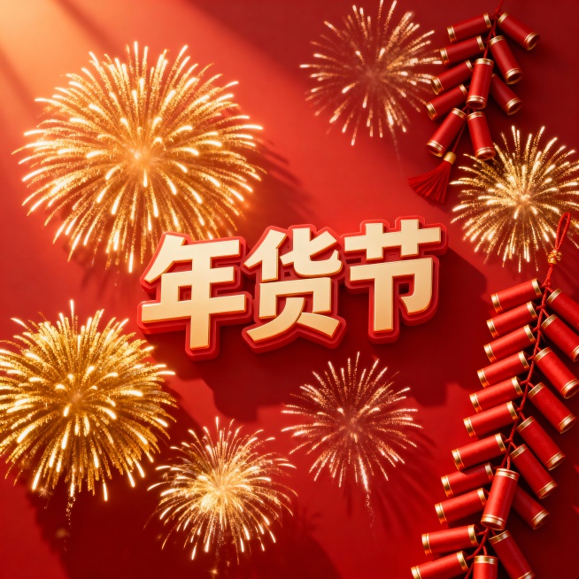 帮我生成两张以年货喜庆的主图，主要素材以烟花、鞭炮，不需要祥云，底色为红色，比例1:1预览效果