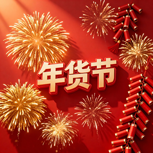 帮我生成两张以年货喜庆的主图，主要素材以烟花、鞭炮，不需要祥云，底色为红色，比例1:1