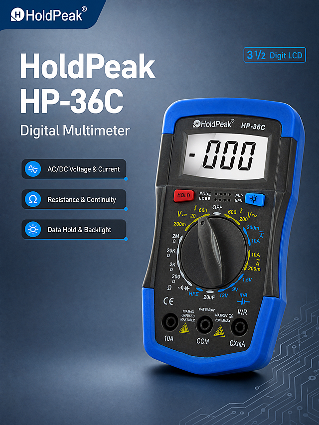 [商品] 使用【图1】HoldPeak HP-36C数字万用表正面图；保留蓝色保护套、黑色机身、LCD显示屏、HOLD红色按键、背光蓝色按键、功能旋钮、10A/COM/CXmA三个插孔、CE标识、CAT III 600V标识、品牌Logo和型号文字，商品本体文字不翻译不修改；产品结构比例和颜色完全保真。
[画面] 目标：硬核头图，展示产品全貌与专业形象。构图：左文右图竖版布局，左侧上半部分放品牌型号标题和核心卖点，右侧下半部分放置万用表产品大图，产品占画面约55%，产品略微倾斜展示立体感，底部有细腻投影。背景：浅灰到深蓝灰的渐变科技背景，左上角有HoldPeak品牌Logo角标，右下角有细微电路纹理装饰。阅读动线：从上到下，先看标题再看产品。
[视觉] 套系策略：风格=跨境极简专业工业科技风；标题字=现代无衬线粗体（Bold Sans-serif）；正文字=简洁无衬线体（Regular Sans-serif）；主色=深蓝（#1E5AAA）+深灰（#2A2A2A）；背景延展=基于深蓝和深灰做低饱和渐变、同色深浅层级、细腻哑光金属质感；强调色=亮蓝色（#00B4FF），仅用于小面积图标、引线、标签和高光；标题色=白色/深炭灰；正文色=中灰/浅灰；组件=圆角深色信息卡、细线引线、蓝色圆点装饰；光影=左前侧冷调柔光，产品底部有柔和投影，边缘有细微轮廓光。
[文字] 左上区域主标题"HoldPeak HP-36C"，副标题"Digital Multimeter"，下方3个短卖点胶囊："AC/DC Voltage & Current"、"Resistance & Continuity"、"Data Hold & Backlight"；右上角有"3 1/2 Digit LCD"小标签。所有文字为英文，横向排版，不遮挡产品主体和显示屏。
[规格] 图片比例3:4竖版，width=1200，height=1600，4K，high quality；负向提示：避免电池出现、避免中文文字、避免变形失真、避免颜色改变、避免低分辨率、避免水印、避免杂乱背景。