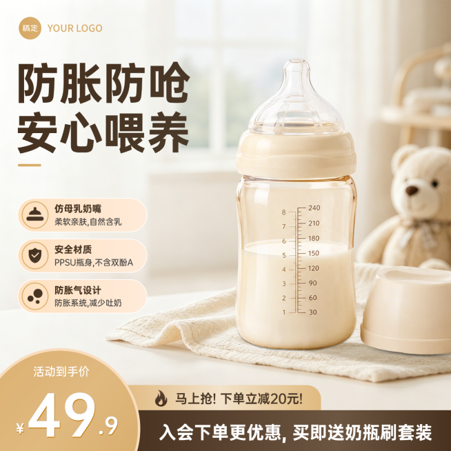 哺乳喂养用品促销活动童趣卡通线上渠道商品主图(1:1)预览效果