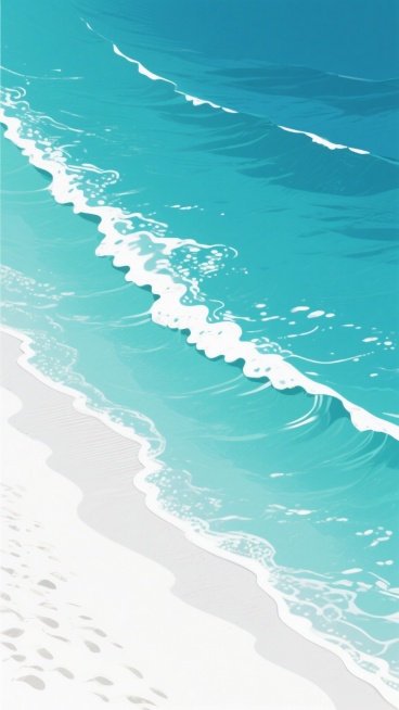 极简风格插画，从高空俯瞰的清澈海水与白色沙滩的交界线，海水呈现由深到浅的渐变蓝绿色，波浪边缘泛着白色泡沫，阳光照射下水面波光粼粼，沙滩细腻洁白并带有自然纹理，整体画面干净整洁，色彩清新明亮，构图简洁大方，具有强烈的视觉冲击力和现代设计感。预览效果