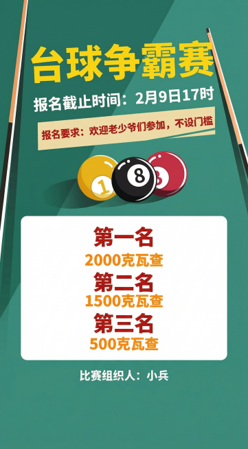 「图片1」中间白色开片有点过大，奖项字体缺乏变化，因为台球以娱乐为不主，不要突出资金数额。  “比赛组织人小兵”字体过大。另外下面请留出足够长度用于添加报名二维码，另外，画面上部your logo 和预览效果