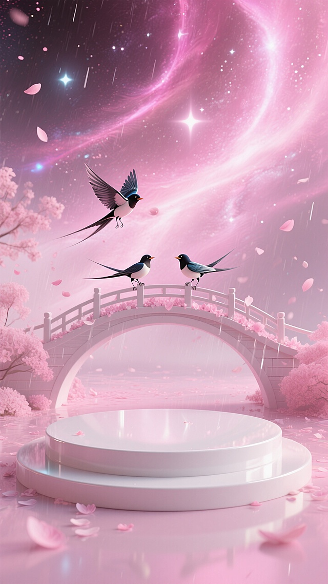 梦幻3D风格，虚拟现实中的超现实主义场景，樱花与飞鸟交织，桥上花瓣飘落，营造浪漫氛围。