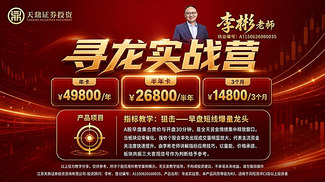 红金高端金融课程海报，横版16:9，整体设计精致高级，告别粗糙感。

背景：深红色渐变底色，叠加金色光线纹理和淡K线图影，细腻有质感，不杂乱。

顶部左上角：天鼎证券投资logo和文字，精致排版。
顶部中右侧：李彬老师职业装半身像（与参考图人物一致），旁边金色书法体大字「李彬老师」，下方小字「执业编号：A1150626080035」，精致排版。

主标题区：画面中上部超大金色立体字「寻龙实战营」，金属光泽渐变，带细微描边和光效，视觉冲击力强，字体大气有力量。

价格区：主标题下方，三档价格卡片横向并列排列，精致金色边框+深红渐变底：
- 左卡：「年卡」小标题 + 金色大号数字「¥49800/年」
- 中卡：「半年卡」小标题 + 金色大号数字「¥26800/半年」，此卡稍大并加金色光效高亮突出
- 右卡：「3个月」小标题 + 金色大号数字「¥14800/3个月」
每张卡片有细微立体阴影，质感高级。

内容信息区：价格区下方，一张精致的深红渐变+金色细描边圆角信息卡片，分左右两栏：
- 左侧金色图标区域：配金色狙击镜/靶心图标，上方「产品项目」金色标题
- 右侧文字区：
  第一行标题「指标教学：狙击——早盘短线爆量龙头」金色粗体
  下方正文：「A股早盘集合竞价与开盘30分钟，是全天资金情绪集中释放窗口。当板块迎来催化，强势个股会率先出现成交量明显放大，代表主流资金关注度快速提升。由李彬老师讲解指标应用技巧，以量能、价格承接、板块共振三大客观信号作为判断给予参考。」白色清晰字体，行间距舒适，排版精致。

底部：两行小号白色合规提示文字，与参考图内容一致。

整体风格：红金高端金融质感，金色元素精致不泛滥，文字排版专业美观，层级分明，留白舒适，版式精美，超高清画质，商业海报级别。

画面中所有数字必须精确渲染，不得出现错位、遗漏或编造的数字。