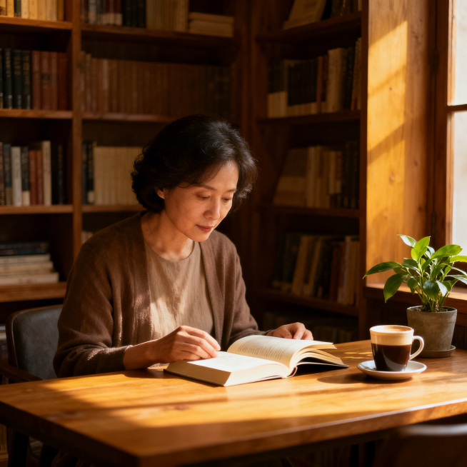 封面主图，主题为#中年女性#自我觉醒 #婚姻感悟，静谧文艺风格，画面为中年女性安静坐在书房看书，暖光氛围，体现女性专注自我、享受独处的通透活法预览效果