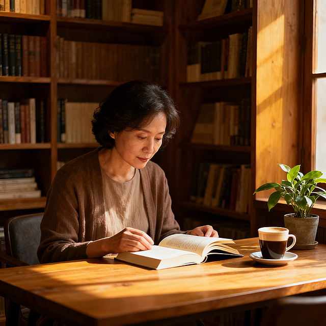 封面主图，主题为#中年女性#自我觉醒 #婚姻感悟，静谧文艺风格，画面为中年女性安静坐在书房看书，暖光氛围，体现女性专注自我、享受独处的通透活法