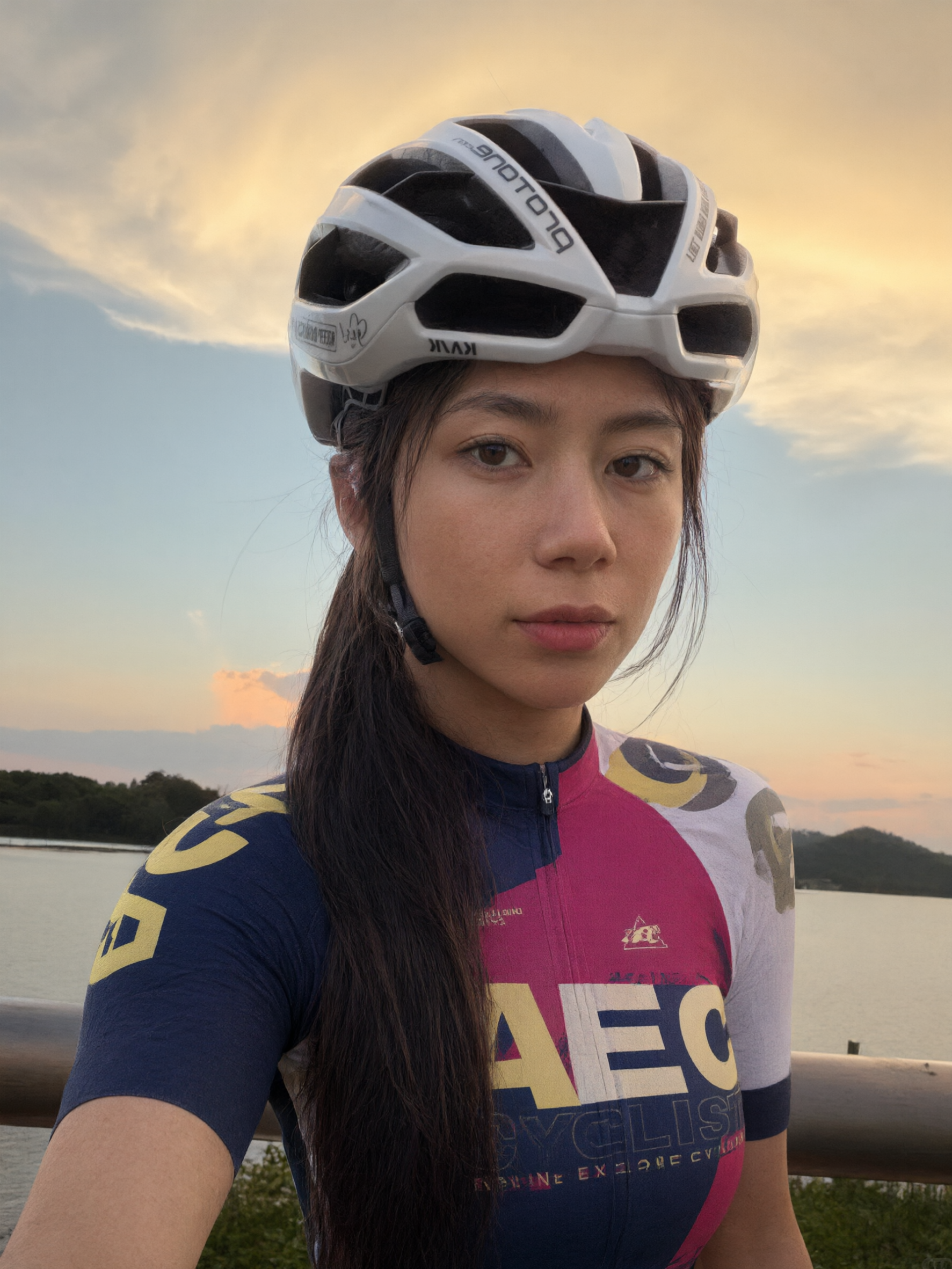基于第一张参考图的场景、构图、骑行头盔和湖边日落背景，重新生成… - 图片创意预览