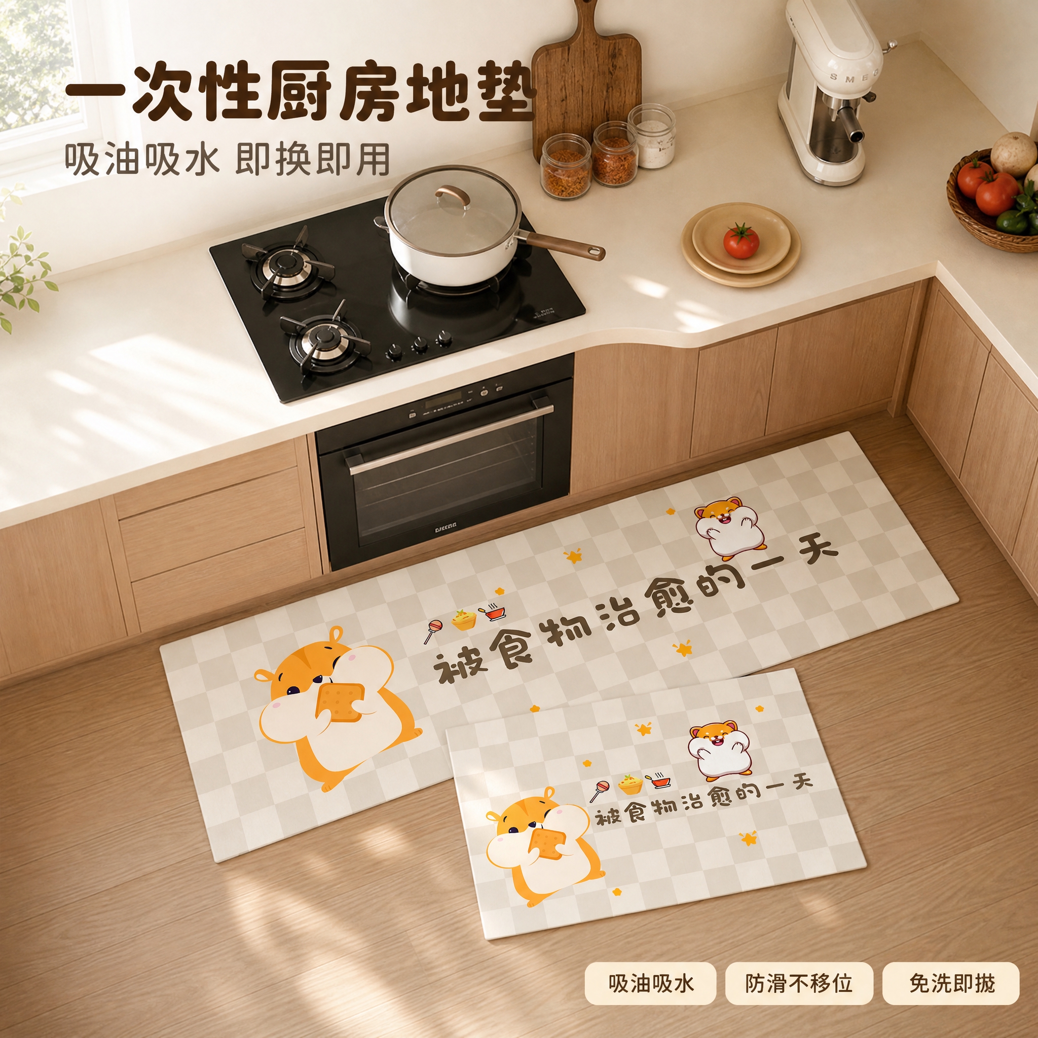 [主图-1] 空间氛围与单品呈现，展示一次性吸油吸水厨房地垫在… - 图片创意预览