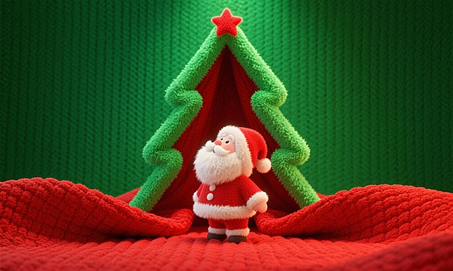软3D风格圣诞场景，毛线质感的红绿织物构成温馨帐篷与圣诞树，卡通感十足的圣诞老人伫立其中，传递喜庆、趣味与节日温暖。#当世界被毛绒包裹🧣#