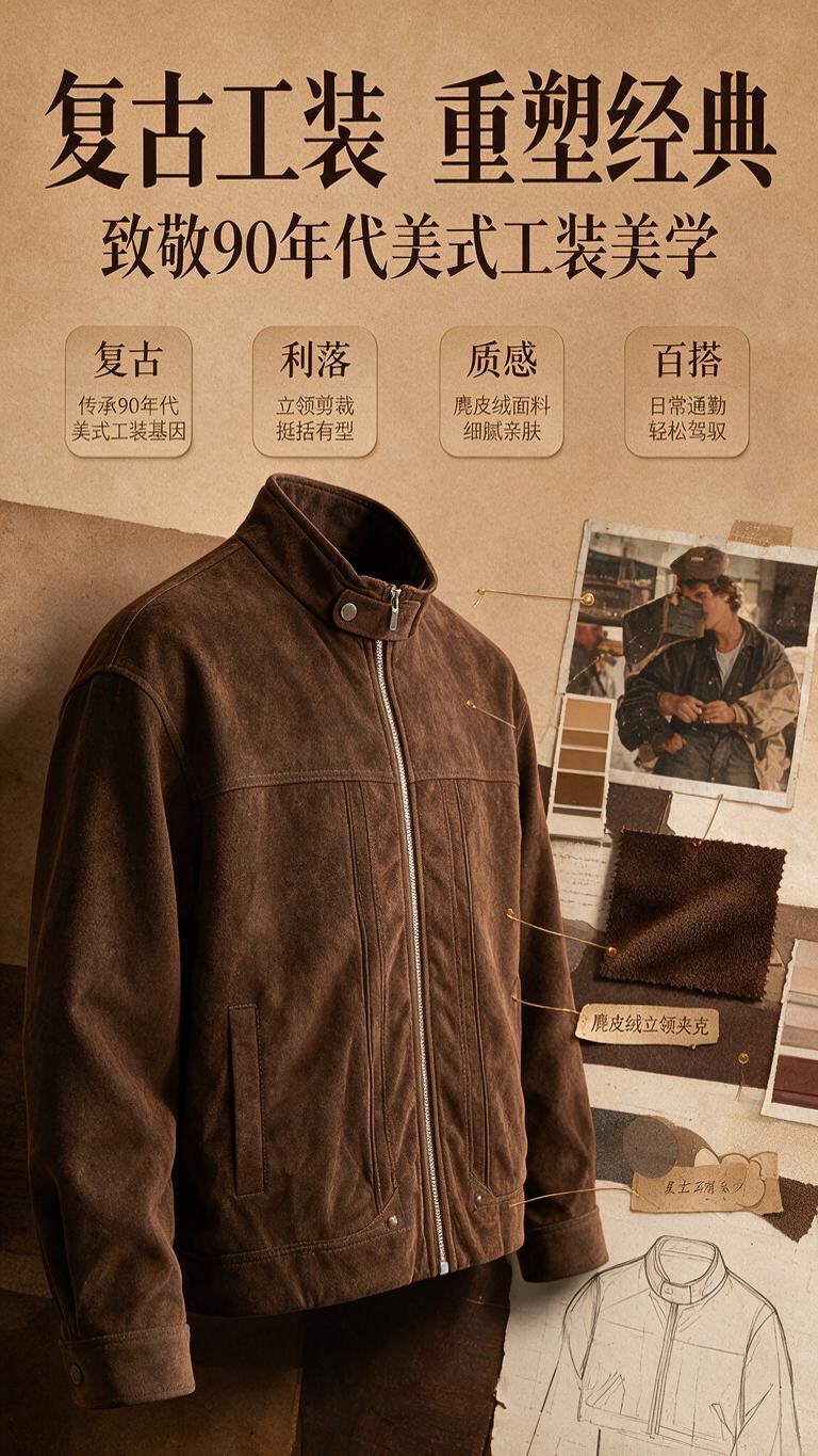 [商品] 使用【图1】棕色麂皮绒立领夹克；商品处理：保留立领、… - 图片创意预览