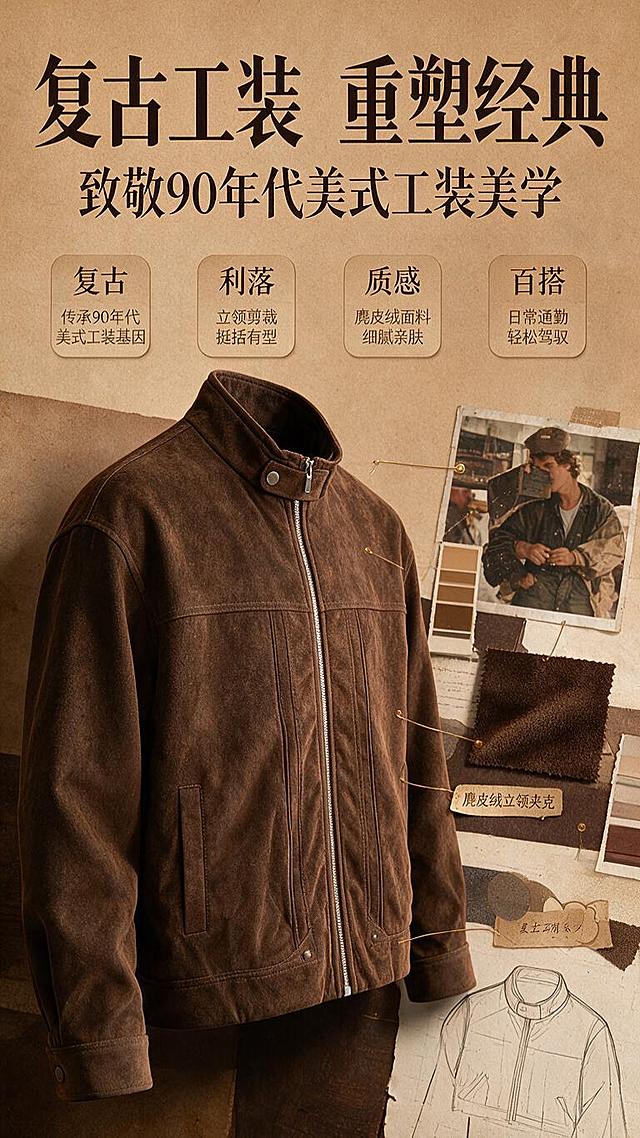 [商品] 使用【图1】棕色麂皮绒立领夹克；商品处理：保留立领、金属拉链、胸前分割线、侧插口袋、袖口收边、下摆、棕色麂皮绒材质和整体版型；自然去除衣身杂乱褶皱，理顺垂坠，增强麂皮绒纹理质感、缝线立体感和金属拉链高光，不改变版型、颜色和结构。
[画面] 目标：设计理念页，诠释复古工装风灵感来源。构图：中间偏左放置夹克半身展示，右侧和下方用拼贴元素烘托——复古工装老照片碎片、麂皮绒面料小样、色卡、手绘设计稿局部、做旧纸张纹理，形成灵感拼贴版式，营造设计故事感。景别：中近景，夹克侧45度展示。
[视觉] 套系策略：风格=复古美式轻工装风高级商业摄影；标题字=复古衬线粗体；正文字=简洁无衬线体；主色=暖棕焦糖色；背景延展=基于暖棕调做深浅层级、同色渐变和做旧纸张/木质纹理质感；强调色=古铜金，仅用于小面积图标、引线和标签；标题色=深棕黑；正文色=暖棕灰；组件=圆角复古信息卡、细古铜色引线、做旧标签；光影=左前侧暖柔光，右侧轮廓光，营造温暖复古氛围。
[文字] 上方主标题「复古工装 重塑经典」，副标题「致敬90年代美式工装美学」，下方4个风格关键词：「复古」「利落」「质感」「百搭」，每个关键词配简短说明文字。文字区位于画面上半部分，不遮挡夹克主体。
[规格] 图片比例9:16竖版，分辨率1K，避免变形、错字、文字过小、冷蓝/蓝灰背景、衣服颜色改变、版型失真、绝对化用语。