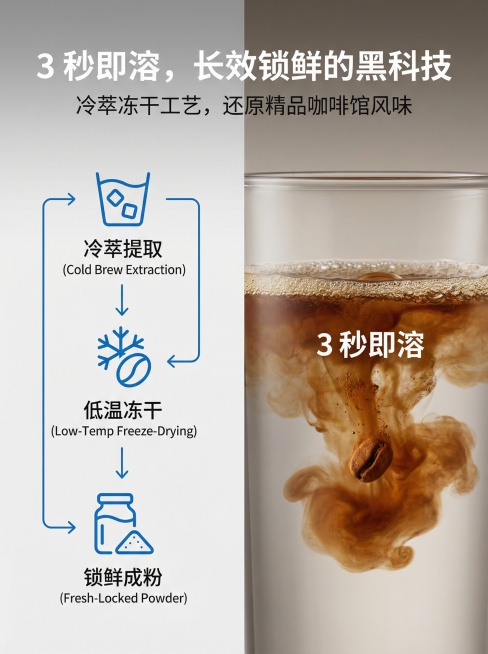 3:4竖版构图，左侧为工艺流程图解，用极简线条展示「冷萃提取→低温冻干→锁鲜成粉」的过程，每一步用图标标注。右侧为冲泡静态图，单颗咖啡粉倒入常温水，3秒快速溶解的瞬间特写，水面泛起细腻泡沫。主标题为“预览效果
