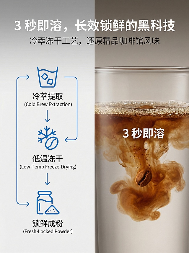 3:4竖版构图，左侧为工艺流程图解，用极简线条展示「冷萃提取→低温冻干→锁鲜成粉」的过程，每一步用图标标注。右侧为冲泡静态图，单颗咖啡粉倒入常温水，3秒快速溶解的瞬间特写，水面泛起细腻泡沫。主标题为“3 秒即溶，长效锁鲜的黑科技”，副标题为“冷萃冻干工艺，还原精品咖啡馆风味”。色调为科技蓝与暖棕碰撞，流程图用浅蓝线条，冲泡图用暖棕突出咖啡液。流程图采用扁平化设计，冲泡图用高速摄影质感，强化“即溶”的直观体验，背景用浅灰渐变增加层次。