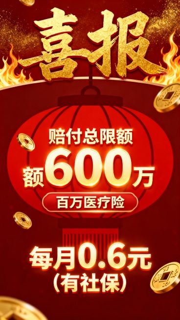 生成十张中国传统节日喜庆风格宣传海报，采用上中下三段式经典版式，最上方用书法大字写着“喜报”，占比约图片1/3，中间文字写着“赔付总限额600万”、“百万医疗险”、下方“每月0.6元（有社保）”，海报预览效果