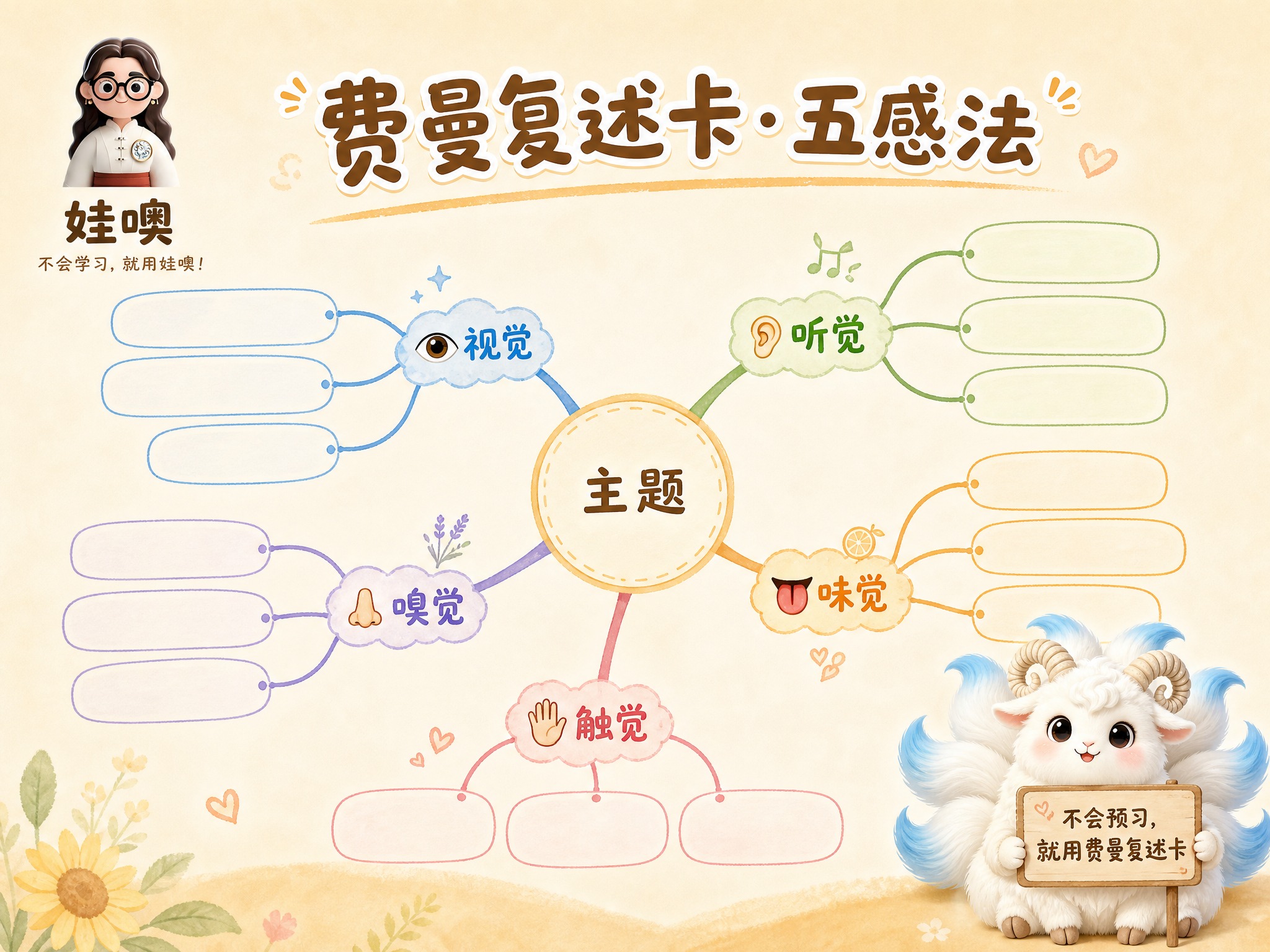 A4横版费曼复述卡标准模板，米黄色暖色调温馨风格。左上角是品牌… - 图片创意预览