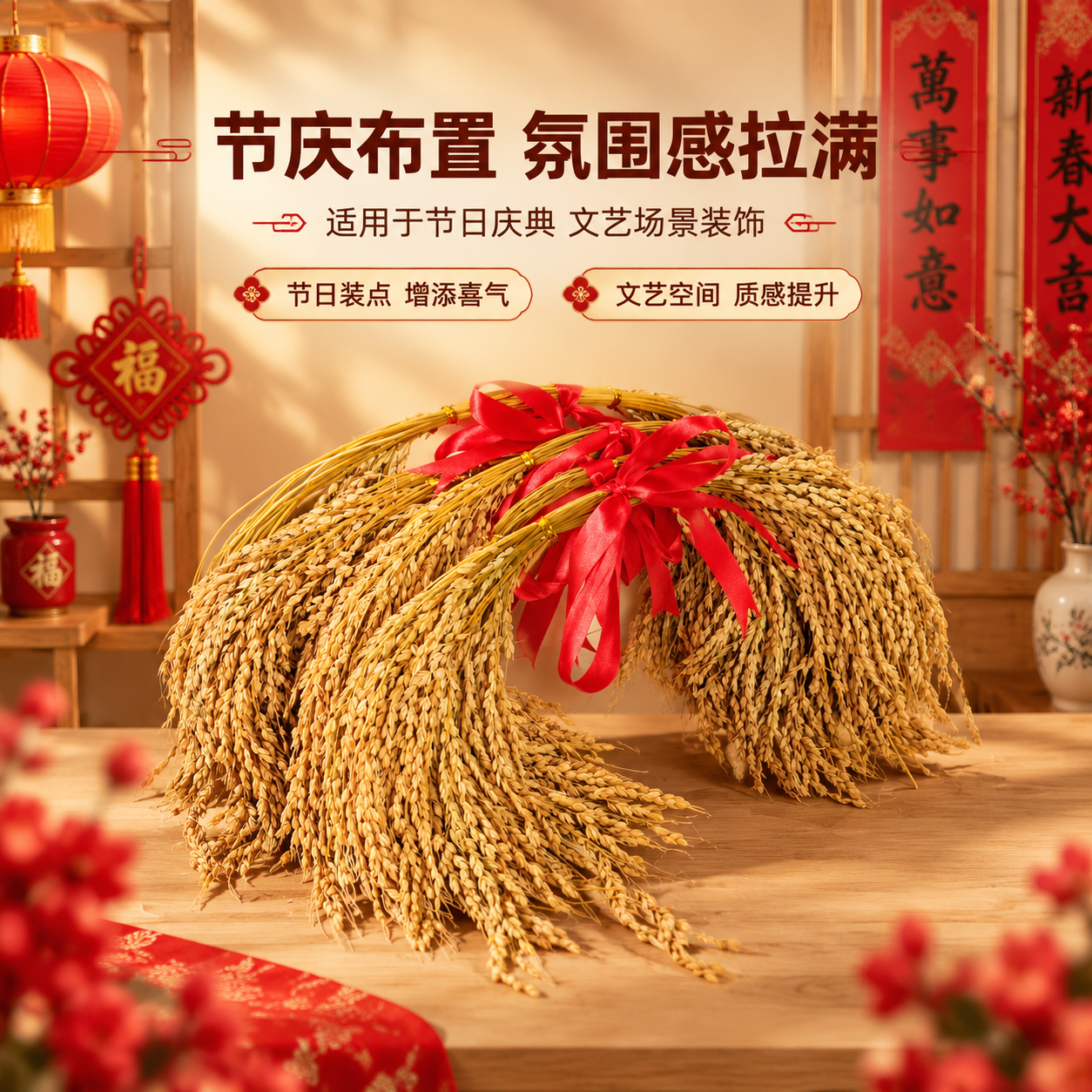 [商品] 使用【图4】三束稻穗捆红绳摆件组合；保留干稻穗金黄颜… - 图片创意预览