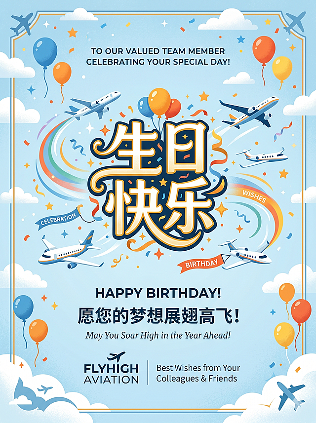 一张带有飞机元素的员工生日祝福贺卡，整体温馨喜庆，贺卡中央有醒目的"生日快乐"艺术字，周围点缀飞机、云朵装饰，背景采用淡蓝色天空风格，整体简洁大气适合企业使用。